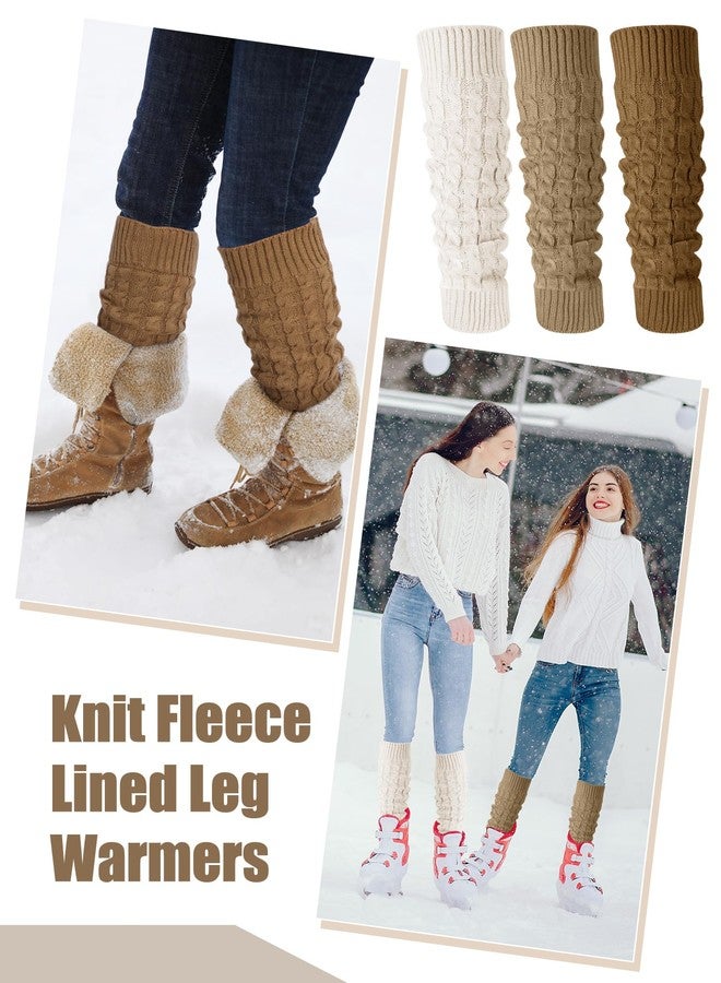 Chuarry 3 Pairs Winter Fleece Lined Leg Warmer for Women Skating Leg Warmer Long Boot Socks for Women Skating Every Day Wear (Cable Knit Pattern, Dark Khaki, Light Khaki, Beige) - Image 5
