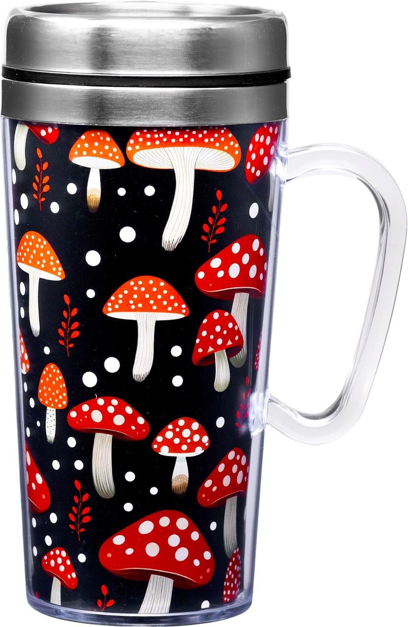 Spoontiques Spoontiques Mushroom Insulated Acrylic Travel Mug with Handle  14 Oz Double Wall with Sliding Lock Travel Lid 