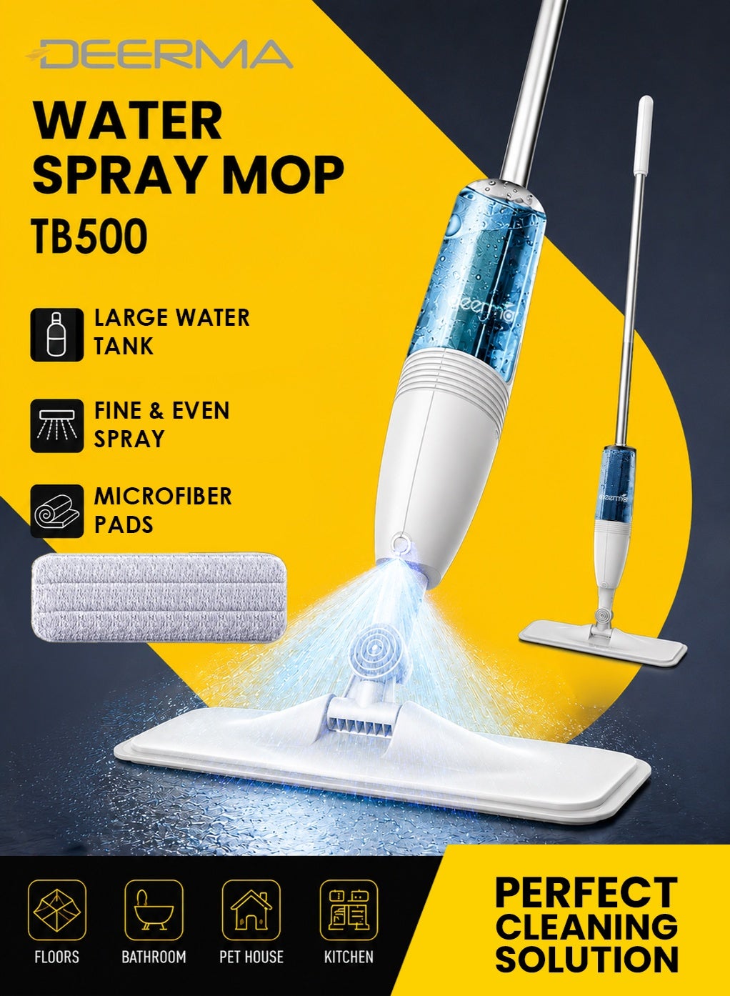 Spray Mop and Floor Mop with Washable Microfiber Pads-Cleaning Mop with 350ML Refillable Water Tank 360° Rotating Mops for Home and Kitchen TB500- White