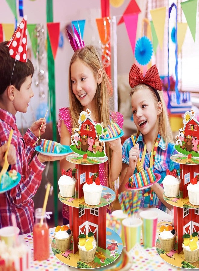 QIFU 3 Tier Farm Cupcake Stand - 2pcs Farm Animals Theme Birthday Party Decorations Cardboard Cake Holder Dessert Tower for Kids Barnyard Farmhouse Farmstand Baby Shower Party Supplies Favors - Image 2