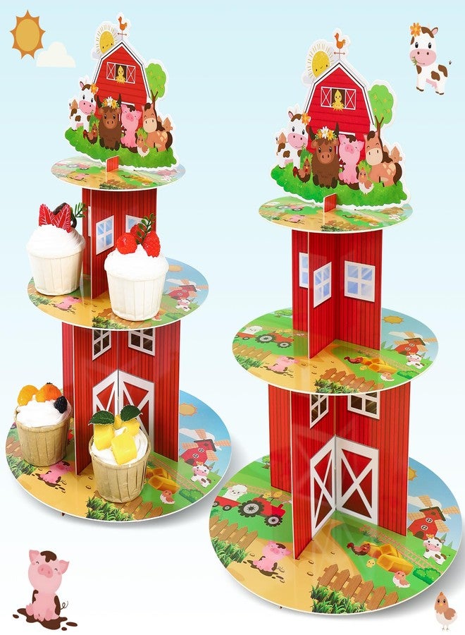 QIFU 3 Tier Farm Cupcake Stand - 2pcs Farm Animals Theme Birthday Party Decorations Cardboard Cake Holder Dessert Tower for Kids Barnyard Farmhouse Farmstand Baby Shower Party Supplies Favors - Image 1
