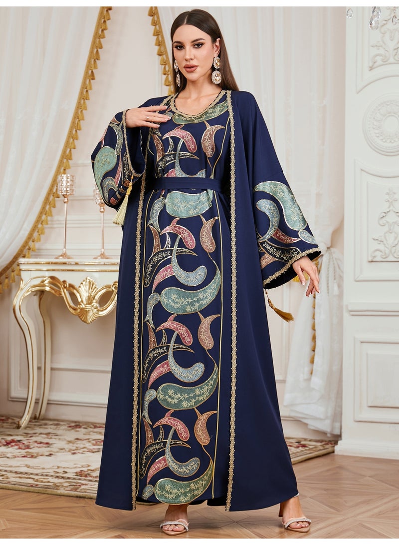 قفطان مغربي نسائي فاخر من قطعتين - جلابية كحلي بتطريز كثيف وحزام للمناسبات والأعراس - Image 3