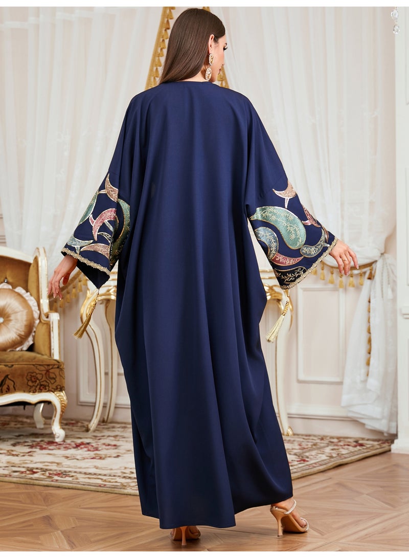 قفطان مغربي نسائي فاخر من قطعتين - جلابية كحلي بتطريز كثيف وحزام للمناسبات والأعراس - Image 5