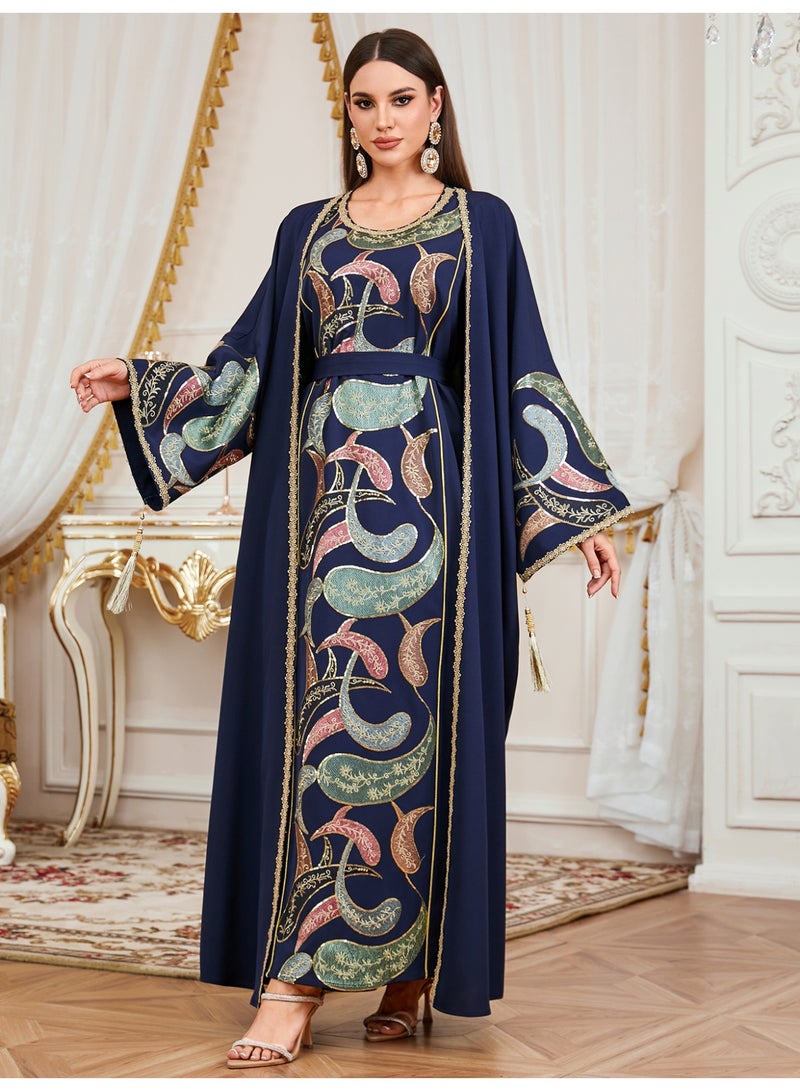 قفطان مغربي نسائي فاخر من قطعتين - جلابية كحلي بتطريز كثيف وحزام للمناسبات والأعراس - Image 4