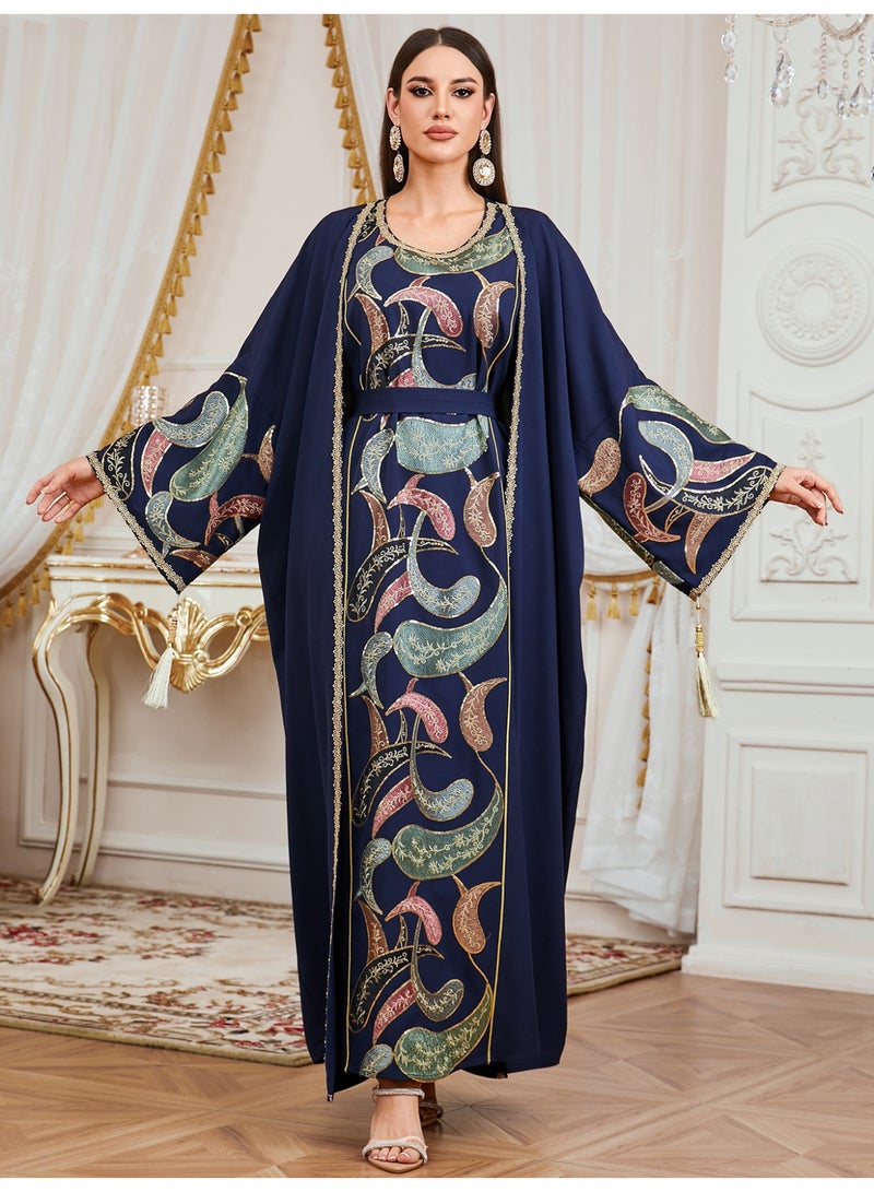 قفطان مغربي نسائي فاخر من قطعتين - جلابية كحلي بتطريز كثيف وحزام للمناسبات والأعراس - Image 1