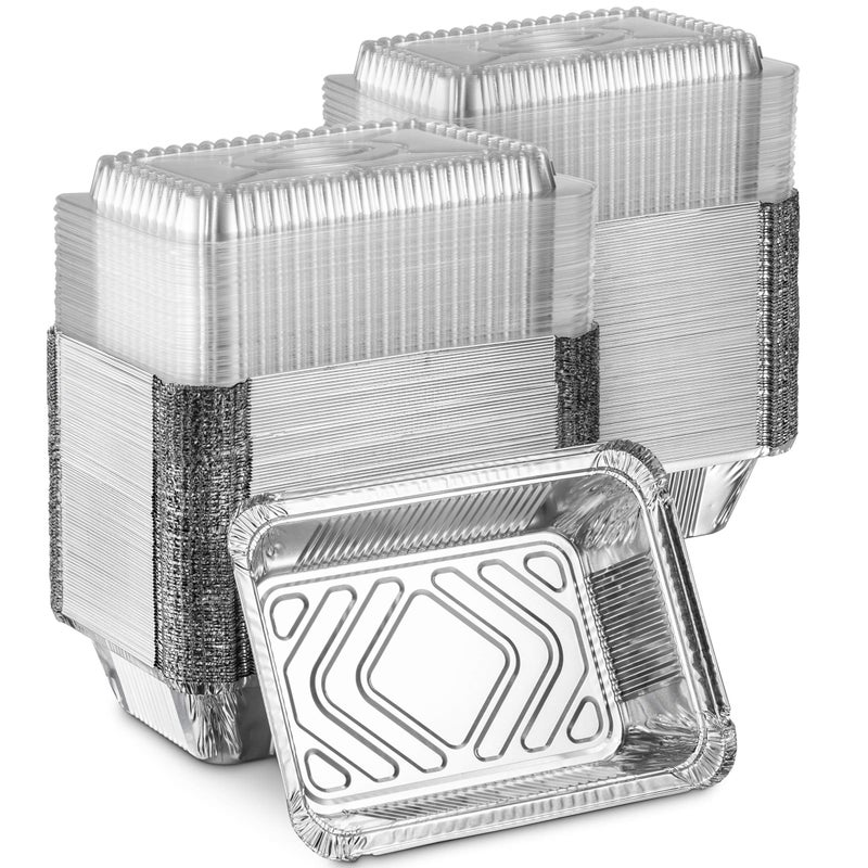 MontoPack Disposable Takeout Pans with Clear Lids  2lb Capacity Aluminum Foil Food Drip Container with Strong Seal for Freshness  Spill Resistance  Earth EcoFriendly  Recyclable 100Pack 8x55
