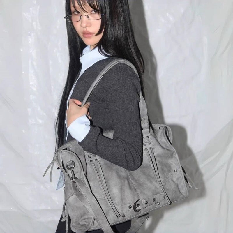 Fancyclub Korean Style Large Capacity Retro Tote Bag with Rivet Straps, Crossbody Shoulder Bag - Image 3