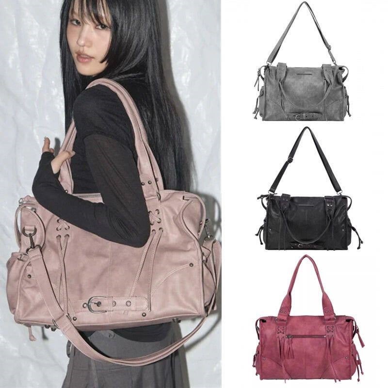 Fancyclub Korean Style Large Capacity Retro Tote Bag with Rivet Straps, Crossbody Shoulder Bag - Image 1