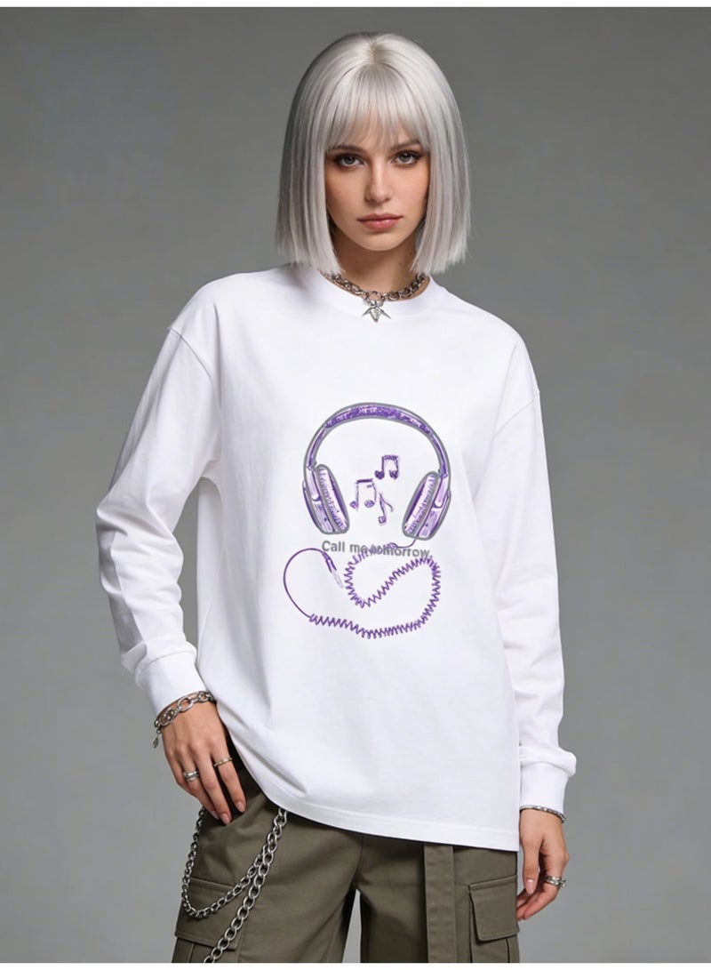 ليرين Purple Headphones Music Graphic Long Sleeve  Purple Headphones Music Graphic Long Sleeve Tee | UniseTee | Unisex Oversized Couple T-Shirt For Street & Daily Style - Image 1