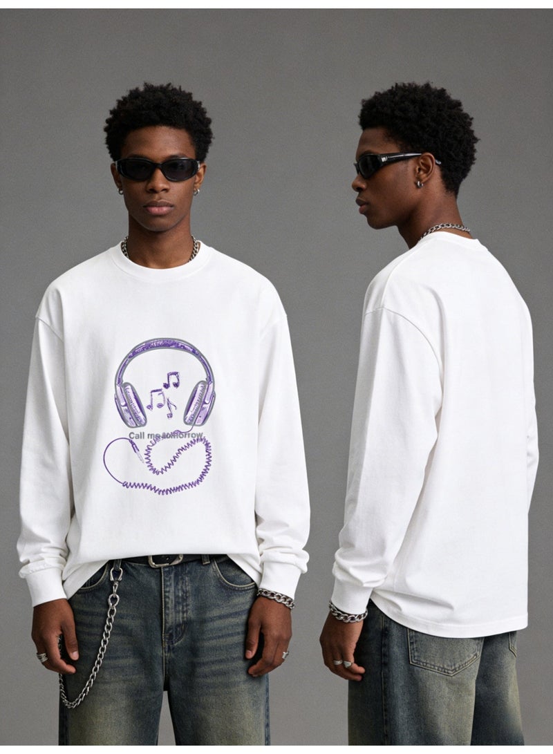 ليرين Purple Headphones Music Graphic Long Sleeve  Purple Headphones Music Graphic Long Sleeve Tee | UniseTee | Unisex Oversized Couple T-Shirt For Street & Daily Style - Image 3