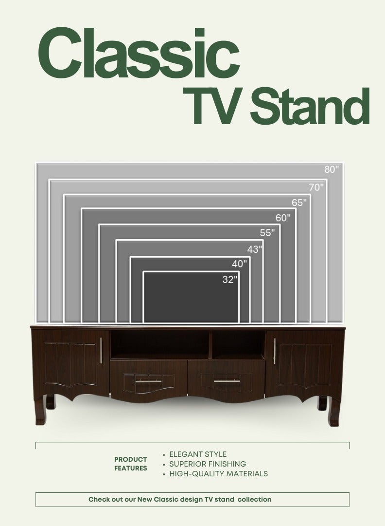 اي اف تي Elevate your living space with our elegant Classic MDF TV Stand / table / rack, designed to blend seamlessly with any decor style while providing ample storage and functionality. Crafted from high-quality MDF, this TV stand ensures durability and a timeless aesthetic. Equipped with two side doors, this TV stand offers generous storage space for media equipment, games, and other essentials. The doors provide a sleek look while keeping your items organized and out of sight. Perfect for Living Rooms and Entertainment Spaces, Ideal for Home Theaters and Media Rooms, Offering Stylish Storage Solutions for TVs Up to 80 Inches. Enjoy movie nights, gaming sessions, and family gatherings in style. (walnut brown) Arfan - Image 3