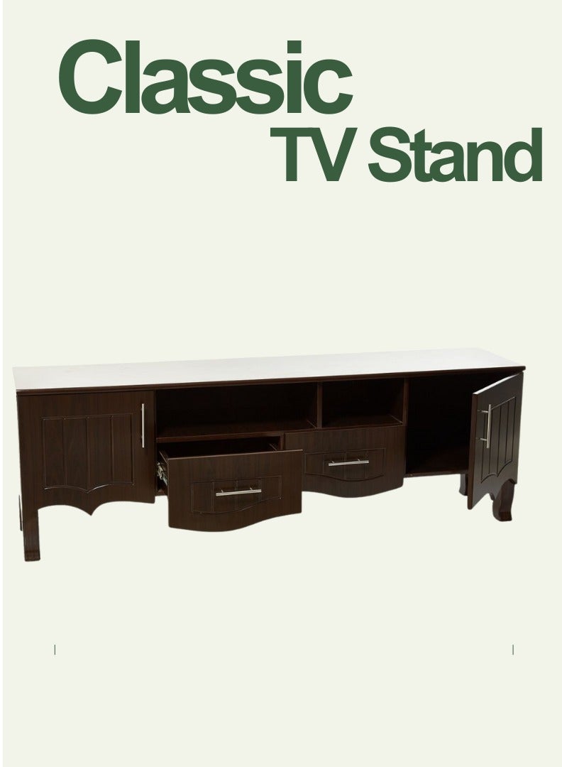 اي اف تي Elevate your living space with our elegant Classic MDF TV Stand / table / rack, designed to blend seamlessly with any decor style while providing ample storage and functionality. Crafted from high-quality MDF, this TV stand ensures durability and a timeless aesthetic. Equipped with two side doors, this TV stand offers generous storage space for media equipment, games, and other essentials. The doors provide a sleek look while keeping your items organized and out of sight. Perfect for Living Rooms and Entertainment Spaces, Ideal for Home Theaters and Media Rooms, Offering Stylish Storage Solutions for TVs Up to 80 Inches. Enjoy movie nights, gaming sessions, and family gatherings in style. (walnut brown) Arfan - Image 4