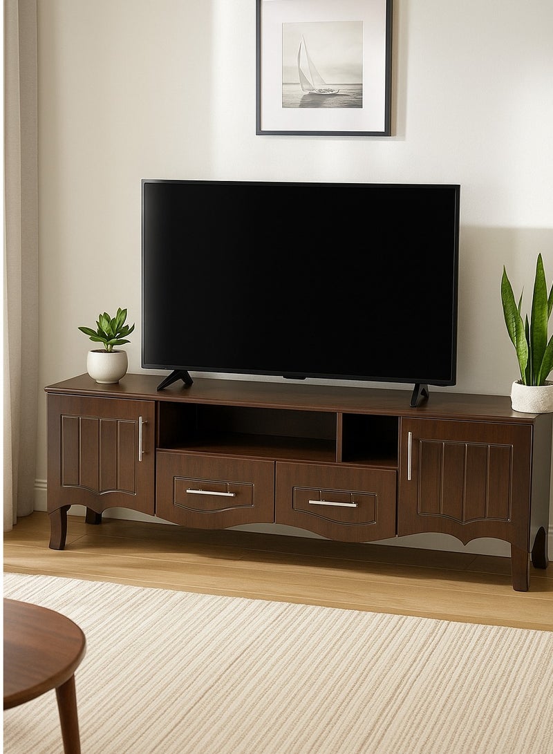 اي اف تي Elevate your living space with our elegant Classic MDF TV Stand / table / rack, designed to blend seamlessly with any decor style while providing ample storage and functionality. Crafted from high-quality MDF, this TV stand ensures durability and a timeless aesthetic. Equipped with two side doors, this TV stand offers generous storage space for media equipment, games, and other essentials. The doors provide a sleek look while keeping your items organized and out of sight. Perfect for Living Rooms and Entertainment Spaces, Ideal for Home Theaters and Media Rooms, Offering Stylish Storage Solutions for TVs Up to 80 Inches. Enjoy movie nights, gaming sessions, and family gatherings in style. (walnut brown) Arfan - Image 1