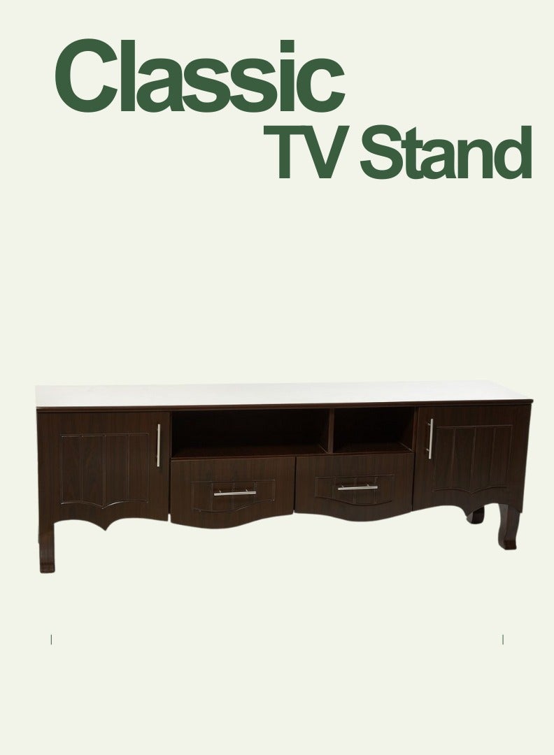 اي اف تي Elevate your living space with our elegant Classic MDF TV Stand / table / rack, designed to blend seamlessly with any decor style while providing ample storage and functionality. Crafted from high-quality MDF, this TV stand ensures durability and a timeless aesthetic. Equipped with two side doors, this TV stand offers generous storage space for media equipment, games, and other essentials. The doors provide a sleek look while keeping your items organized and out of sight. Perfect for Living Rooms and Entertainment Spaces, Ideal for Home Theaters and Media Rooms, Offering Stylish Storage Solutions for TVs Up to 80 Inches. Enjoy movie nights, gaming sessions, and family gatherings in style. (walnut brown) Arfan - Image 5
