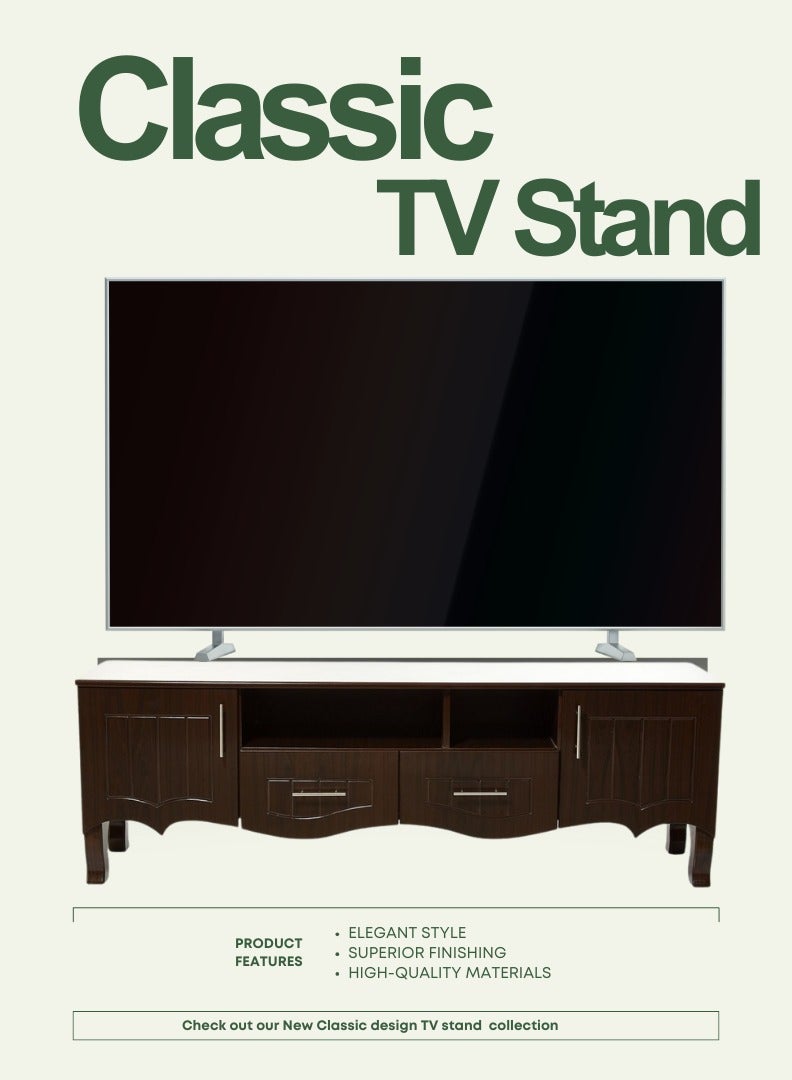 اي اف تي Elevate your living space with our elegant Classic MDF TV Stand / table / rack, designed to blend seamlessly with any decor style while providing ample storage and functionality. Crafted from high-quality MDF, this TV stand ensures durability and a timeless aesthetic. Equipped with two side doors, this TV stand offers generous storage space for media equipment, games, and other essentials. The doors provide a sleek look while keeping your items organized and out of sight. Perfect for Living Rooms and Entertainment Spaces, Ideal for Home Theaters and Media Rooms, Offering Stylish Storage Solutions for TVs Up to 80 Inches. Enjoy movie nights, gaming sessions, and family gatherings in style. (walnut brown) Arfan - Image 2