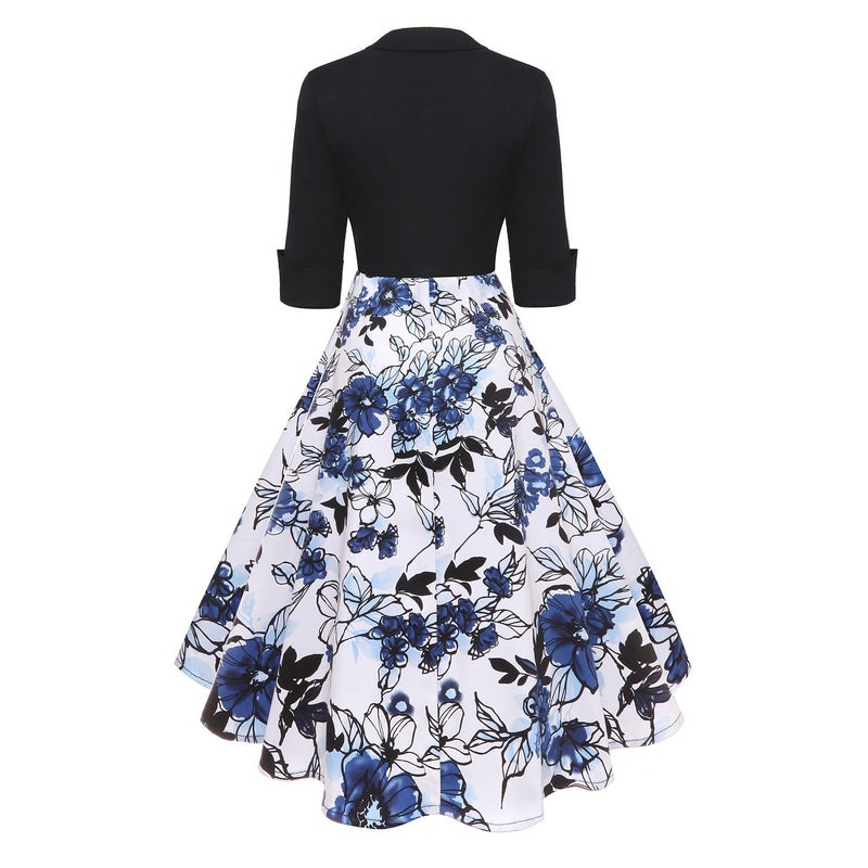 Retro Floral Printed Patchwork A-Line Dress - Image 5