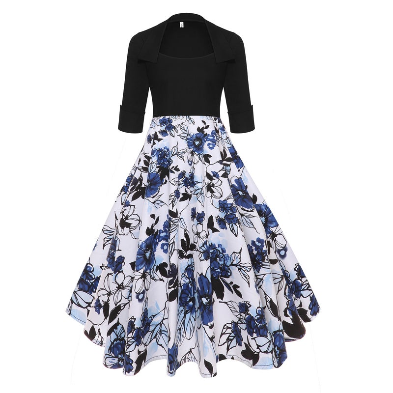 Retro Floral Printed Patchwork A-Line Dress - Image 1