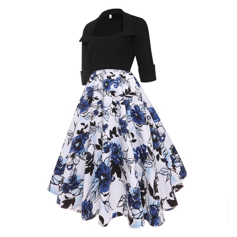 Retro Floral Printed Patchwork A-Line Dress - Image 2