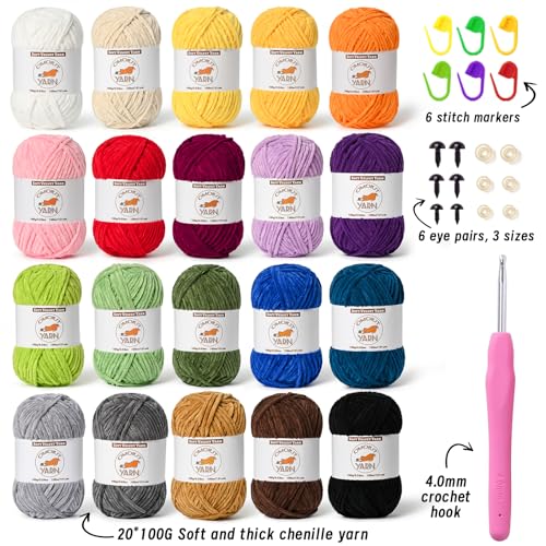 OMoiut 20 Skeins Fluffy Chenille Yarn for Crocheting, Soft Bulky Velvet Yarn for Knitting, Plush Baby Blanket Crochet Yarn, 2620 Yards Multicolor Amigurumi Yarns for Crafts Set A - Image 2