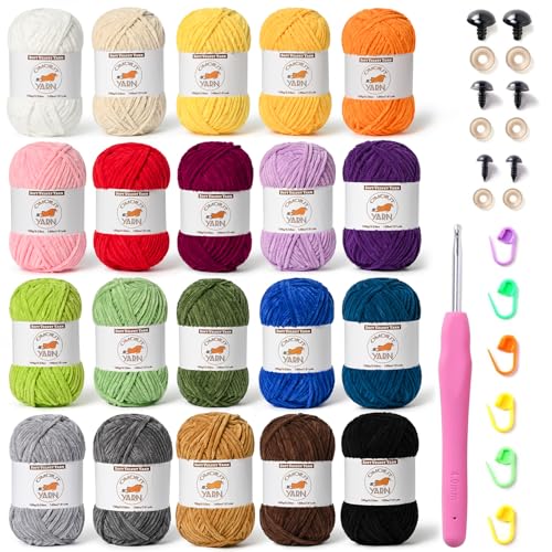 OMoiut 20 Skeins Fluffy Chenille Yarn for Crocheting, Soft Bulky Velvet Yarn for Knitting, Plush Baby Blanket Crochet Yarn, 2620 Yards Multicolor Amigurumi Yarns for Crafts Set A - Image 1
