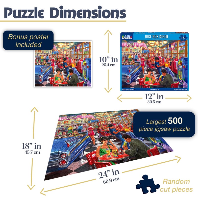 White Mountain 500 Piece Jigsaw Puzzle Fun Nostalgic 20th Century Puzzles with Large Pieces Gift for Adults 18"x24" - Juke Box Diner - Image 2