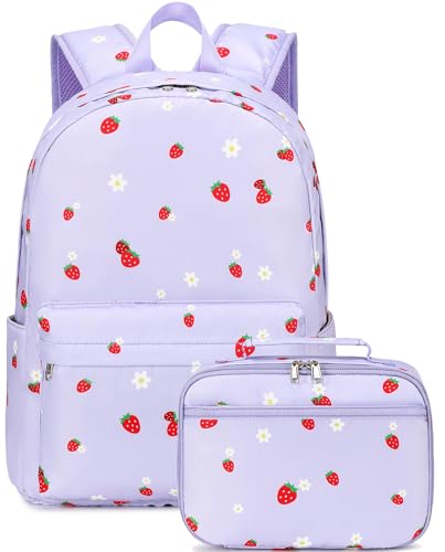 LEDAOU Kids School Backpack with Lunch Box for Girls Boys Kindergarten BookBag School Bag Preschool Toddler Backpack(Purple Strawberry) - Image 1
