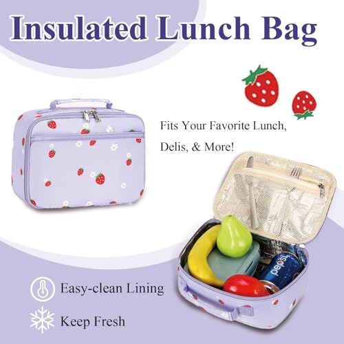 LEDAOU Kids School Backpack with Lunch Box for Girls Boys Kindergarten BookBag School Bag Preschool Toddler Backpack(Purple Strawberry) - Image 2
