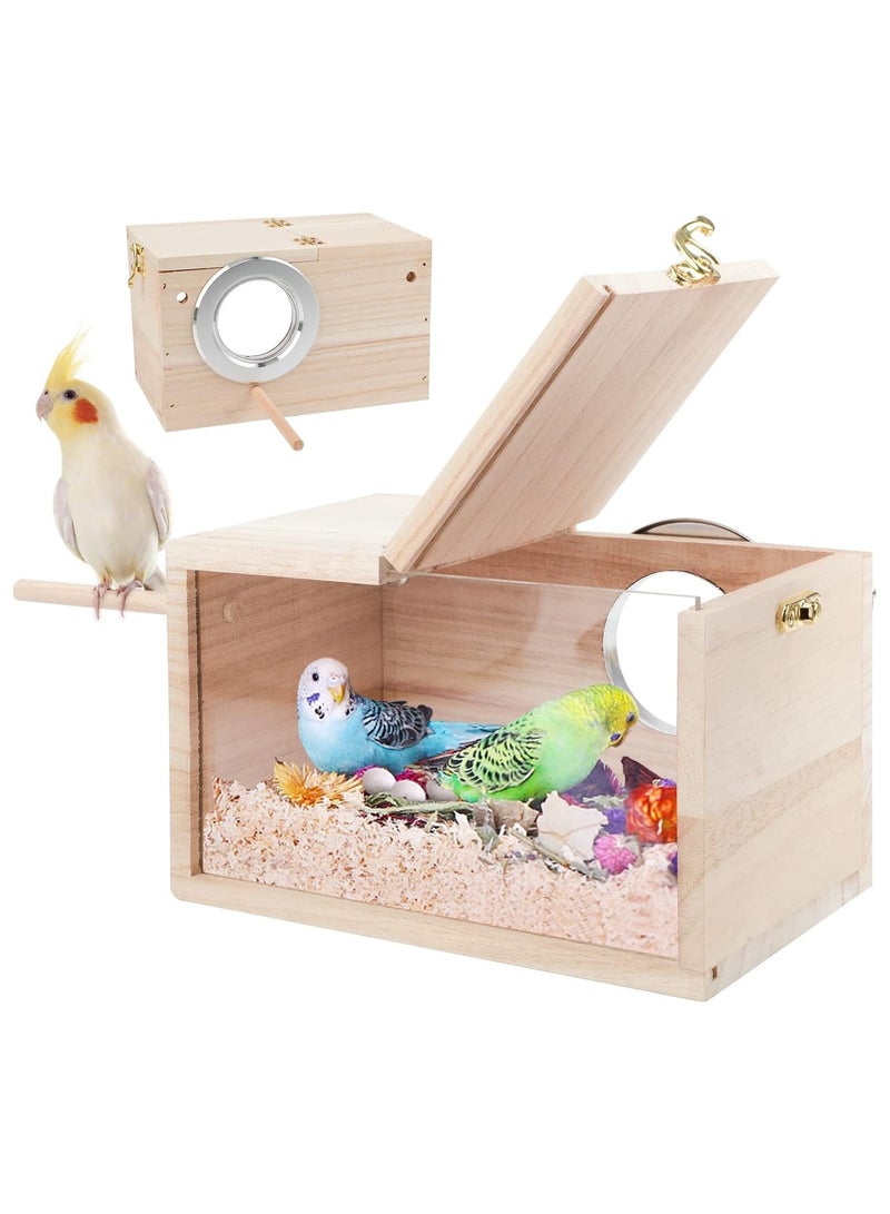 XiuWoo Wood Nest Parakeet Nesting Box Transparent Bird Nest Breeding Box with Perch Wood Bird House for Cage Budgie Love Birds Cockatiel Conure Finch Parrot Small to Medium Birds - Image 1