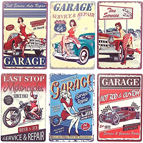 Okuna Outpost 6 Pack Vintage Metal Signs - 8 x 11.8 Inch Multicolor Retro - Pre-Drilled Rust-Resistant Iron - Garage Decor & Car Posters - Funny Metal Garage Signs - Image 1