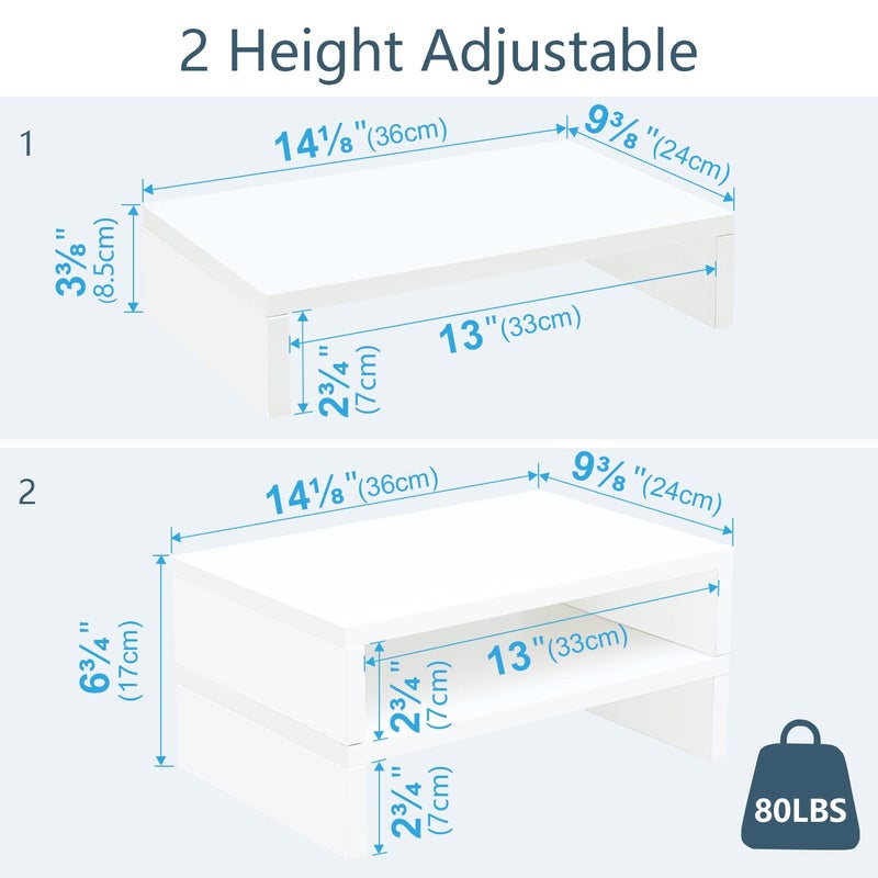 TEAMIX White Monitor Stand Riser-2 Pack,Wood 2 Tier Adjustable Dual Monitor Riser for 2 Monitors/Laptop/PC Computer Stand for Desk - Image 4