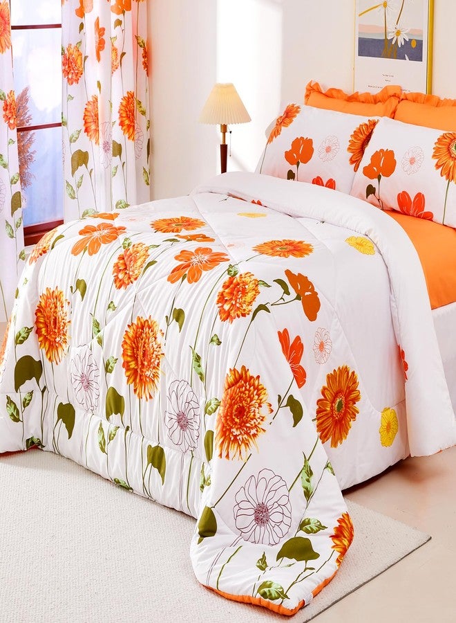 EVENHUG Queen Comforter Set 7 Pieces Reversible Queen Size Comforters for All Season Orange Sunflower Floral Bedding Sets Bed in a Bag with Flat Sheet and Fitted Sheet,Pillowcases & Shams (88"x88") - Image 1