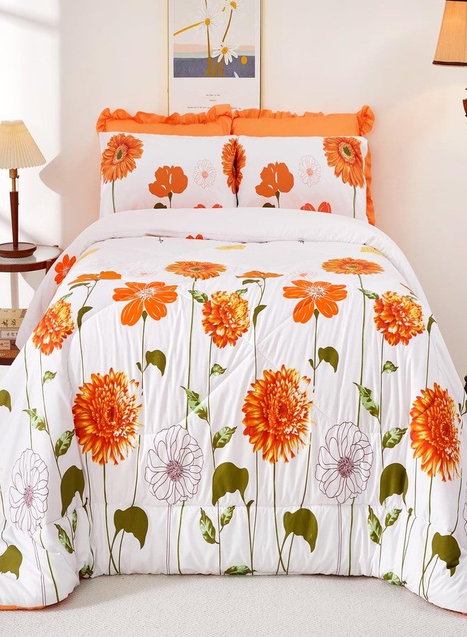 EVENHUG Queen Comforter Set 7 Pieces Reversible Queen Size Comforters for All Season Orange Sunflower Floral Bedding Sets Bed in a Bag with Flat Sheet and Fitted Sheet,Pillowcases & Shams (88"x88") - Image 4