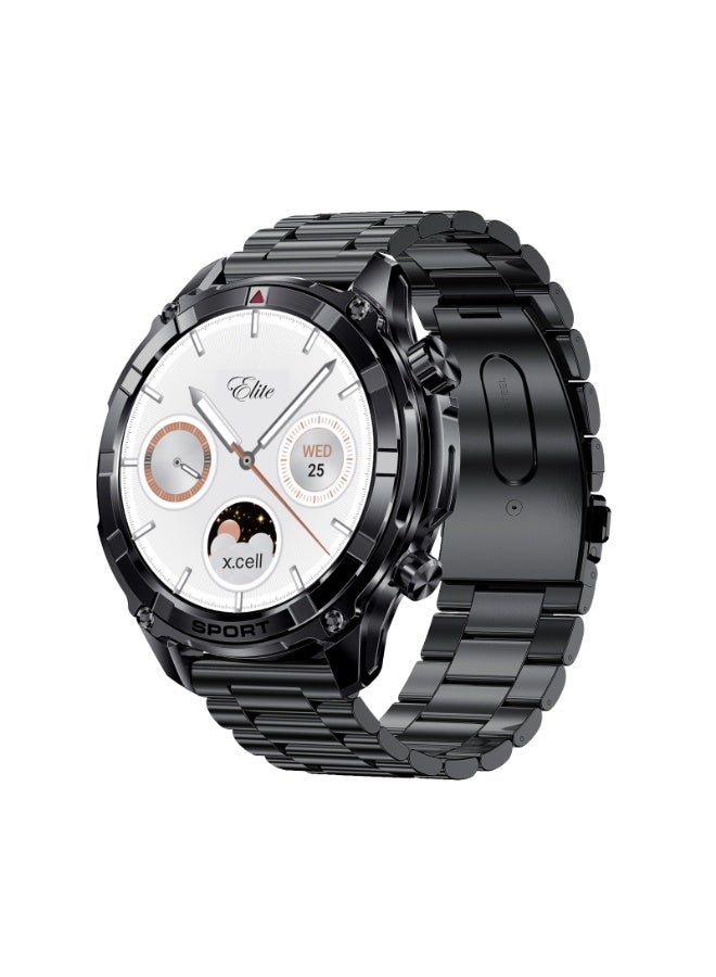 Xcell Elite6 Smartwatch, 1.52" HD Display, Bluetooth Calling, Wireless Charging, Flashlight, Heart-Rate/BP/SpO₂ Monitor, Multi Language, IP67, 7 Days Battery, iOS/Android Compatible - Black Frame with Metal Strap