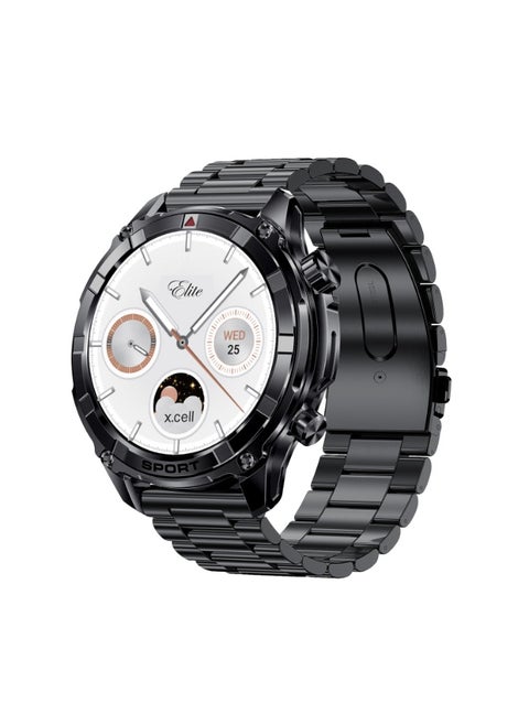Xcell Elite6 Smartwatch, 1.52" HD Display, Bluetooth Calling, Wireless Charging, Flashlight, Heart-Rate/BP/SpO₂ Monitor, Multi Language, IP67, 7 Days Battery, iOS/Android Compatible - Black Frame with Metal Strap