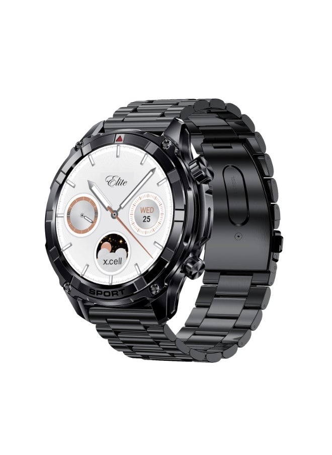 Xcell Xcell Elite6 Smartwatch, 1.52" HD Display, Bluetooth Calling, Wireless Charging, Flashlight, Heart-Rate/BP/SpO₂ Monitor, Multi Language, IP67, 7 Days Battery, iOS/Android Compatible - Black Frame with Metal Strap  - Image 1