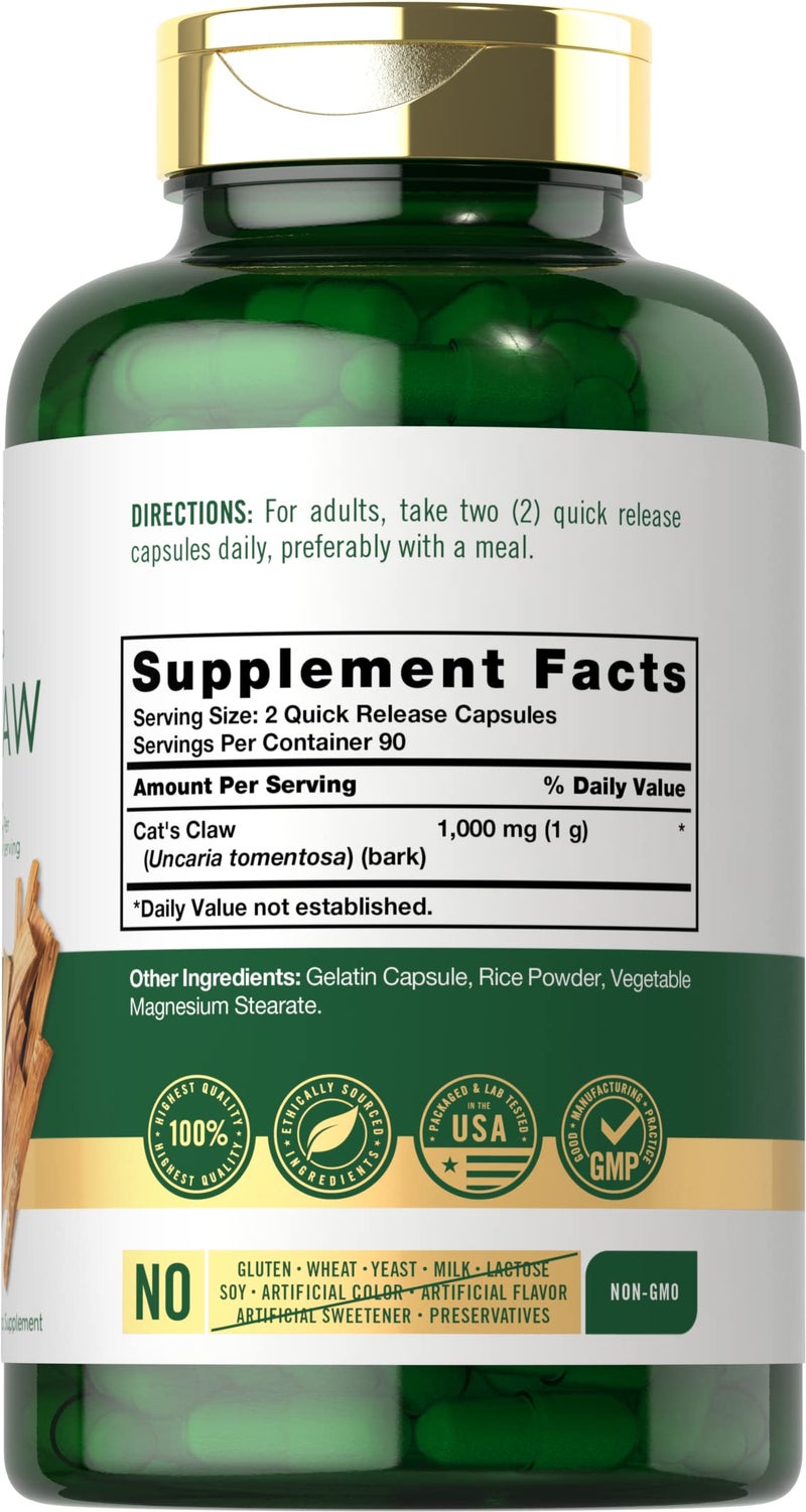 Carlyle Cat's Claw Herb Capsules 1000mg | 180 Count | Uncaria Tomentosa | Non-GMO, Gluten Free Supplement - Image 2