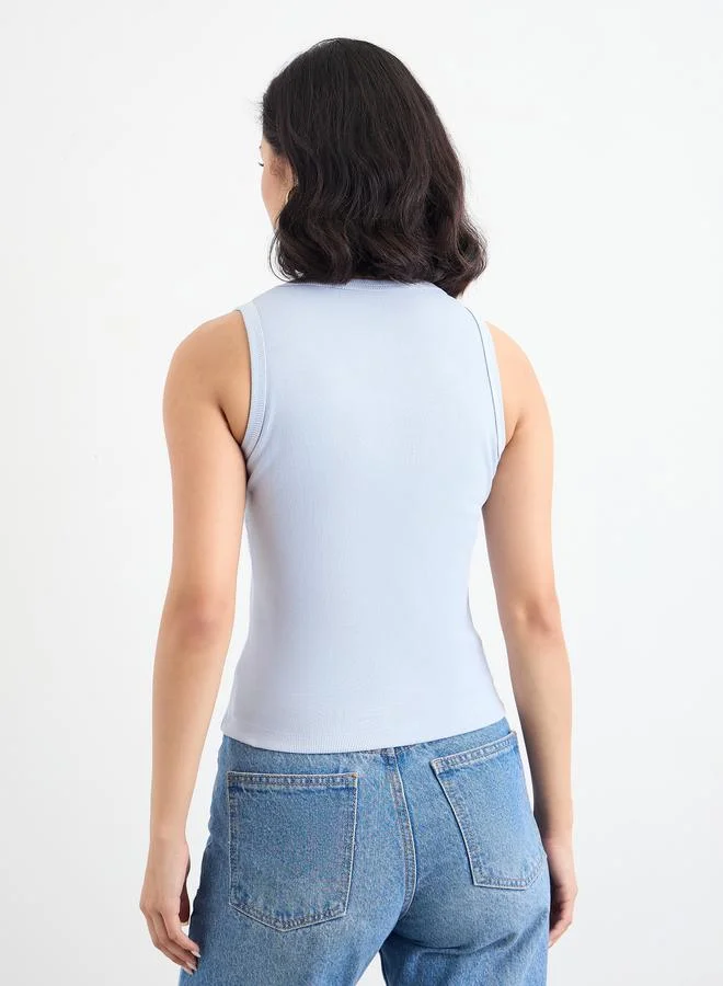 Styli Styli Women Blue Ribbed Tank with Contrast Embroidered Detail