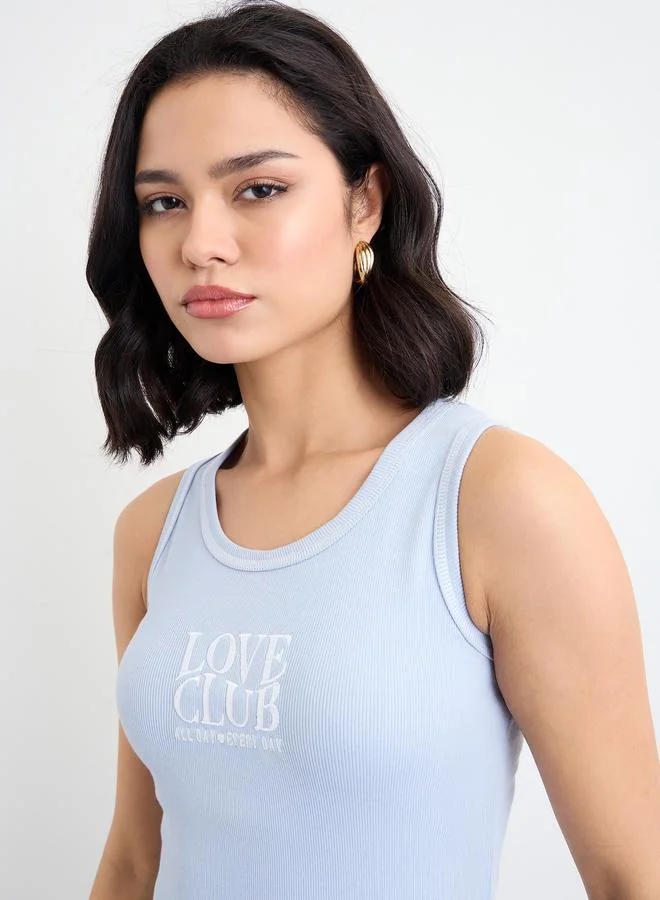 Styli Styli Women Blue Ribbed Tank with Contrast Embroidered Detail
