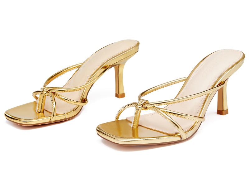LAICIGO Women's Square Open Toe Flip Flops Stiletto Heels Strappy Thong Slide on Slingback Mules Sandals, Gold, Size 9 - Image 3