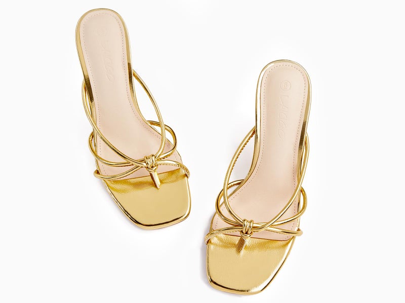 LAICIGO Women's Square Open Toe Flip Flops Stiletto Heels Strappy Thong Slide on Slingback Mules Sandals, Gold, Size 9 - Image 2