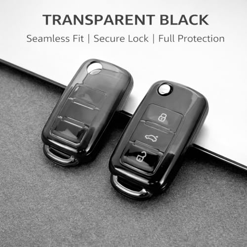 JVCV® Soft TPU Transparent Black Key Cover Compatible with Volkswagen Polo Vento Ameo Jetta Passat & Skoda Rapid Laura Superb Octavia Fabia Yeti Folding Key | Slim Fit Case (Transparent Black) - Image 3