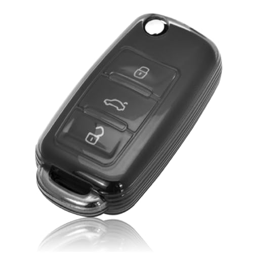 JVCV® Soft TPU Transparent Black Key Cover Compatible with Volkswagen Polo Vento Ameo Jetta Passat & Skoda Rapid Laura Superb Octavia Fabia Yeti Folding Key | Slim Fit Case (Transparent Black) - Image 1