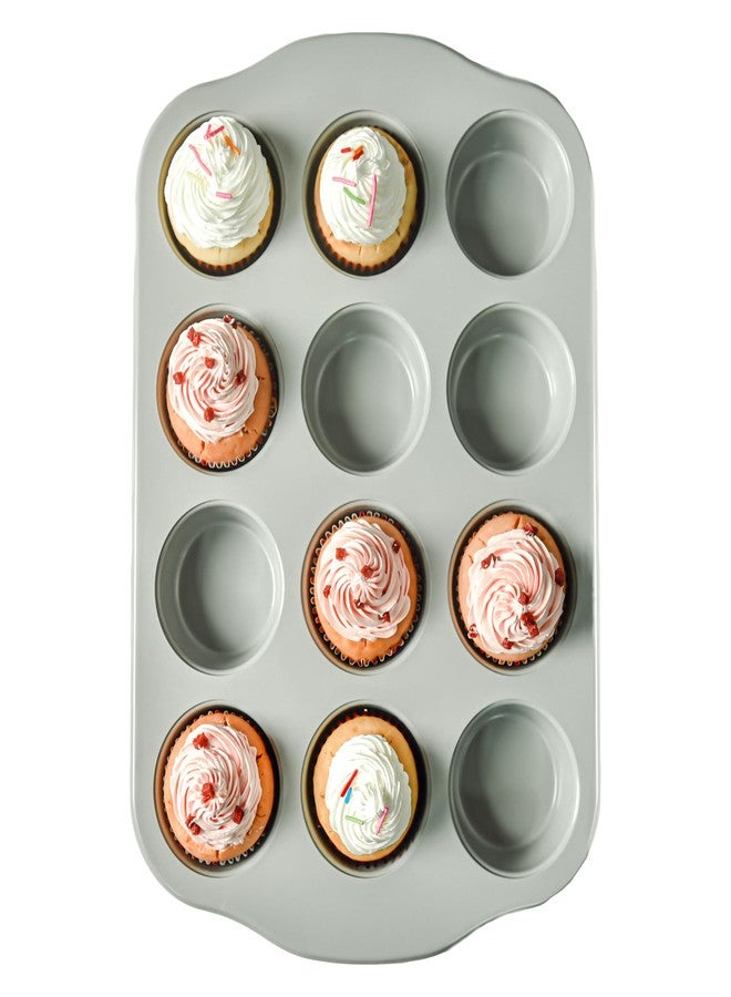 Bakeley 12-Cavity Muffin Cake Pan, Naturally Slick Ceramic Coating Non-Stick Cupcake Pan Bakeware for Oven Baking (Grey) - Image 1