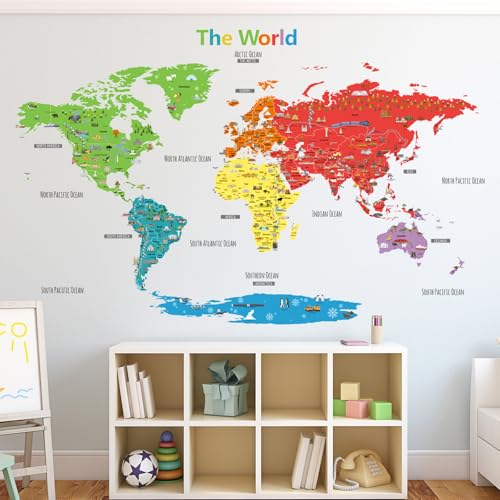 DECOWALL DL3-1902N XLarge Colorful Landmark World Map Wall Stickers (62x42 inch) Wall Decals Peel and Stick Removable Wall Stickers for Kids Nursery Bedroom Living Room décor - Image 3