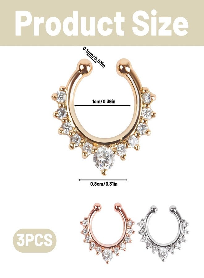 RupeeRise 3 Pcs Nose Rings, Fake Nose Ring with Piercing,Nose Pins for Women,C-Bar Horseshoe Shaped Nostril Jewelry, Fashionable Double Row Diamond Nose Clip, Septum Nose Ring for Women Please note that the diameter is 1cm (C) - Image 2
