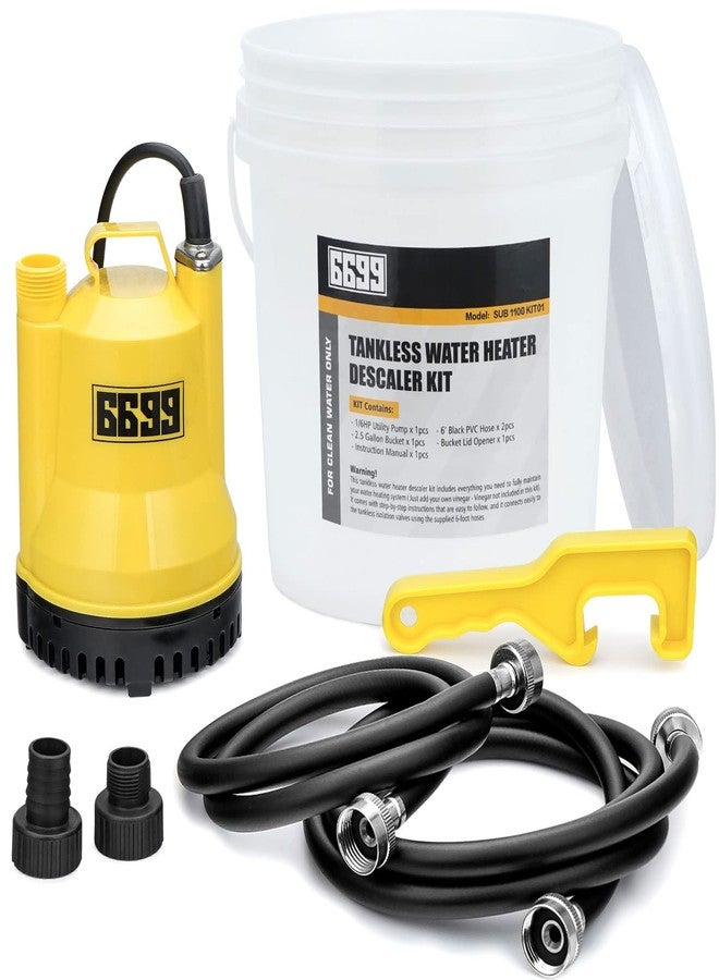 6699 Tankless Heater Descaling Flush Kit Includes Submersible Water Pump with Adapters 3 Gallons Pail with Bucket Lid Opener and Two 3/4" GHT X 6FT PVC Rubber Black Hoses Easy Installation to Clean - Image 1