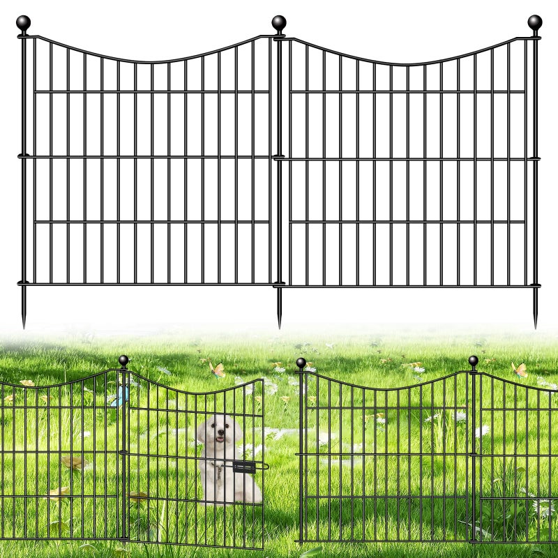 10 Panels Decorative Garden Fence with Gate 24 inH X 20 ftL No Dig Dog Fence Animal Barrier Outdoor for Yard Rustproof Metal Garden Edging and Borders Temporary Fencing Stakes