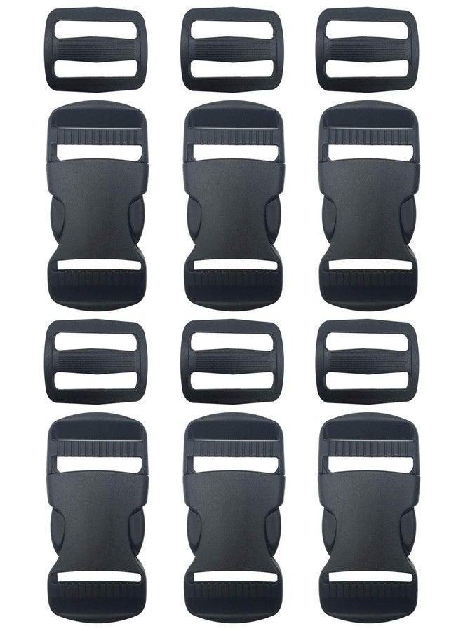 EesTeck 6 Set 1.5 Inch Flat Dual Adjustable Plastic Quick Side Release Plastic Buckles and Tri-glide Slides for Luggage Straps Pet Collar Backpack Repairing (Black, Fit For 1.5”/38mm Webbing Straps) - Image 1