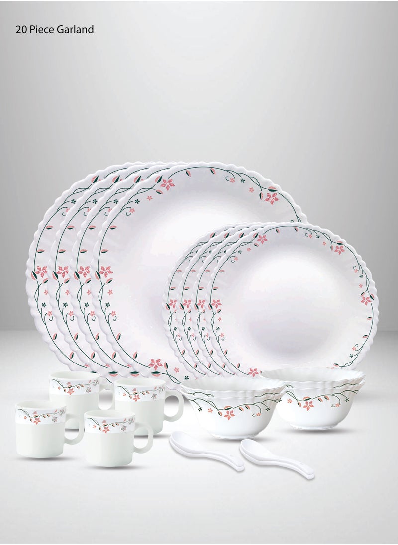 British Chef 20 Pieces Opalware Dinner Set | Microwave & Dishwasher Safe | Garland Dinnerware set with 4-Piece Dinner Plate, 4-Piece Side Plate, 4-Piece Veg Bowl, 4-Piece Mug, 4-Piece Spoons-White  - Image 1