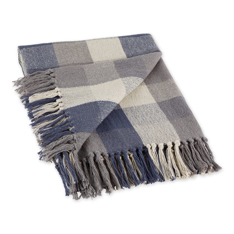 DII Buffalo Check Collection Rustic Farmhouse Throw Blanket with Tassels 50x60 Tri Color French Blue